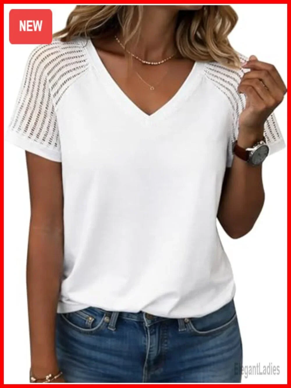 V-Neck Short Sleeve Blouse with Contrast Mesh - Business Casual Top